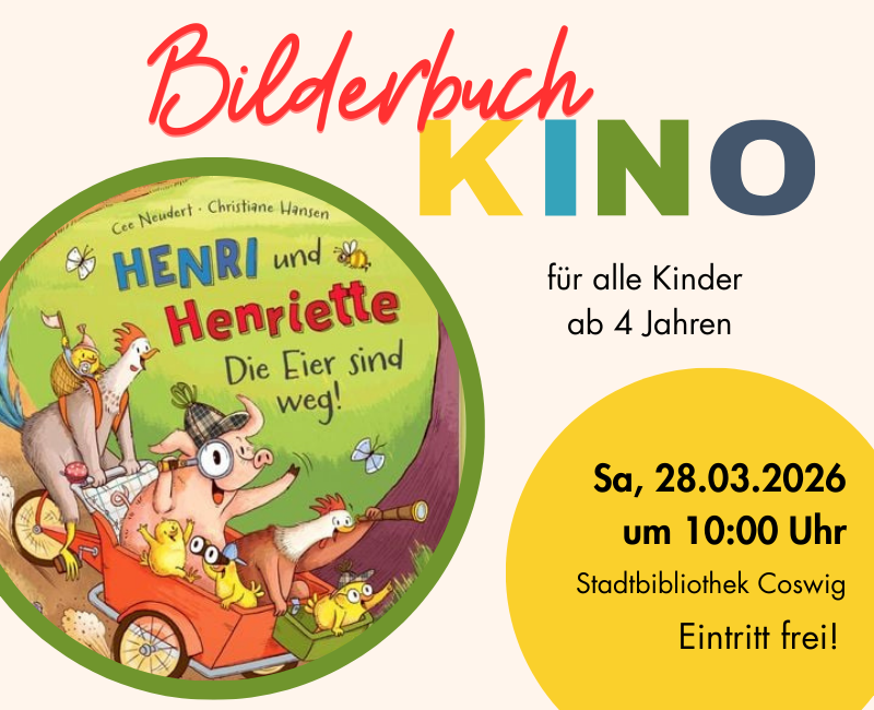 Verspielter Flyer mit dem Cover des Kinderbuches "Henri und Henriette: Die Eier sind weg!"