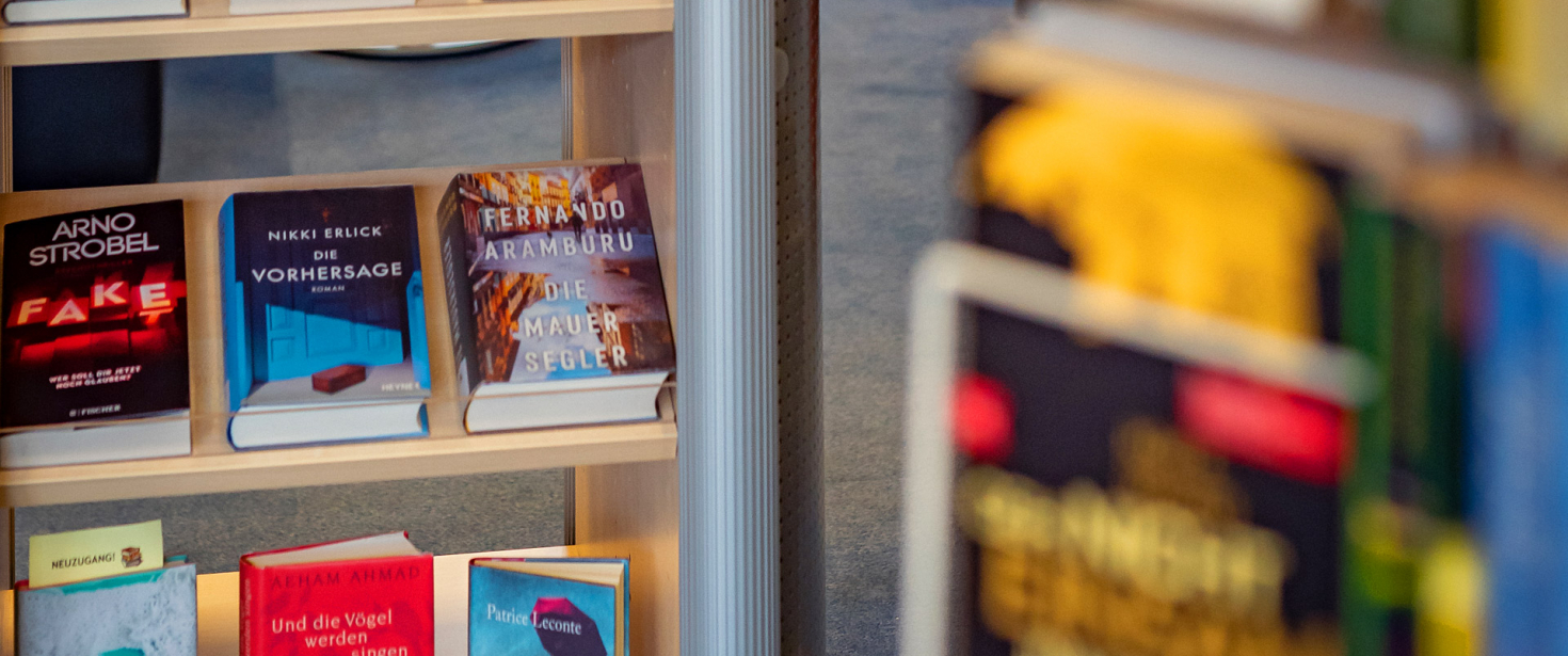 Im Hintergrund neun verschiedene Romane im Neuerscheinungsregal. Im Vordergrund weitere verschwommene Buchcover.