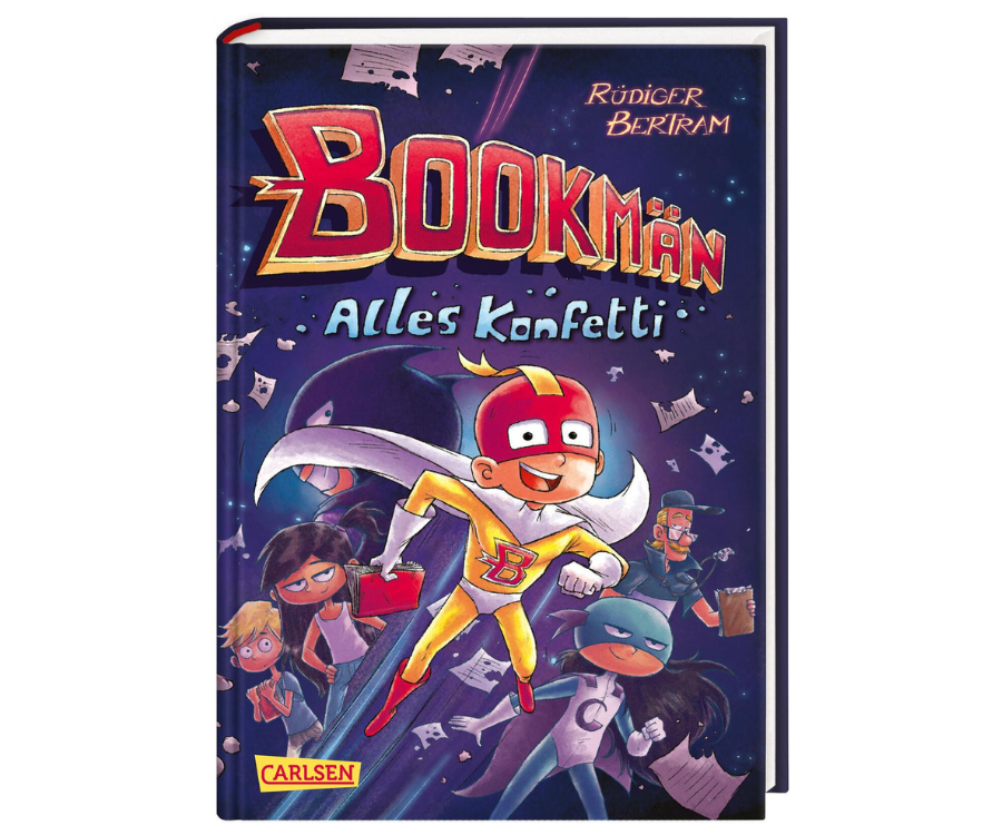 Cover des Kinderbuchs „Bookmän – Alles Konfetti“ von Rüdiger Bertram: Ein Superheld fliegt durch die Luft, umgeben von anderen Kindern und Buchseiten.