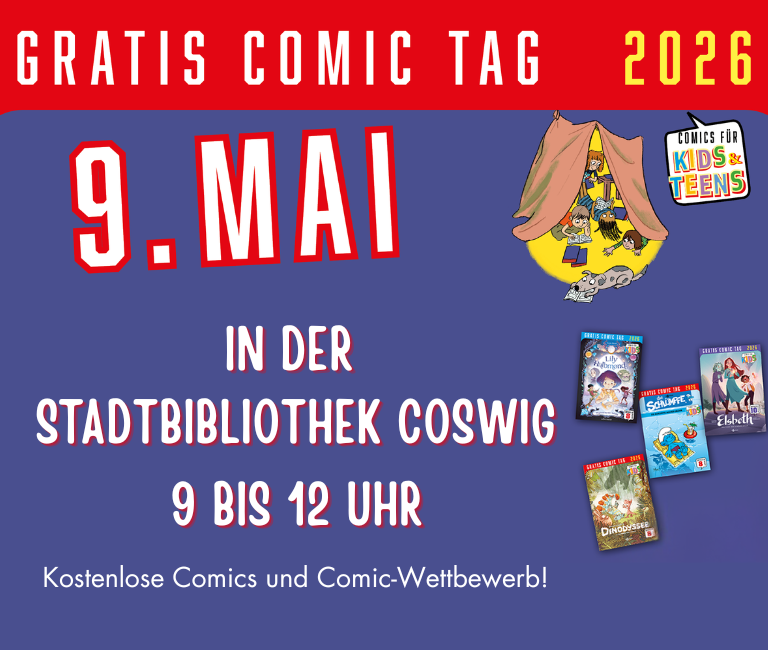 Buntes Event-Plakat: Gratis Comic Tag am 9. Mai, 9–12 Uhr, Stadtbibliothek Coswig. Mit Comic-Wettbewerb und Illustrationen lesender Kinder im Zelt.