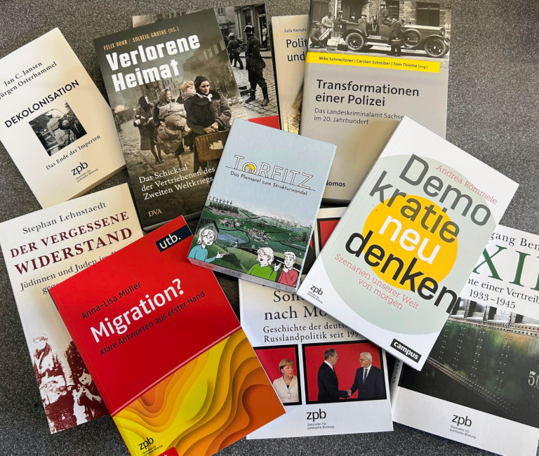 Grauer Tisch mit locker verteilten Büchern zu Geschichte, Politik und Gesellschaft, Cover sichtbar, teilweise überlappend, keine weiteren Gegenstände.