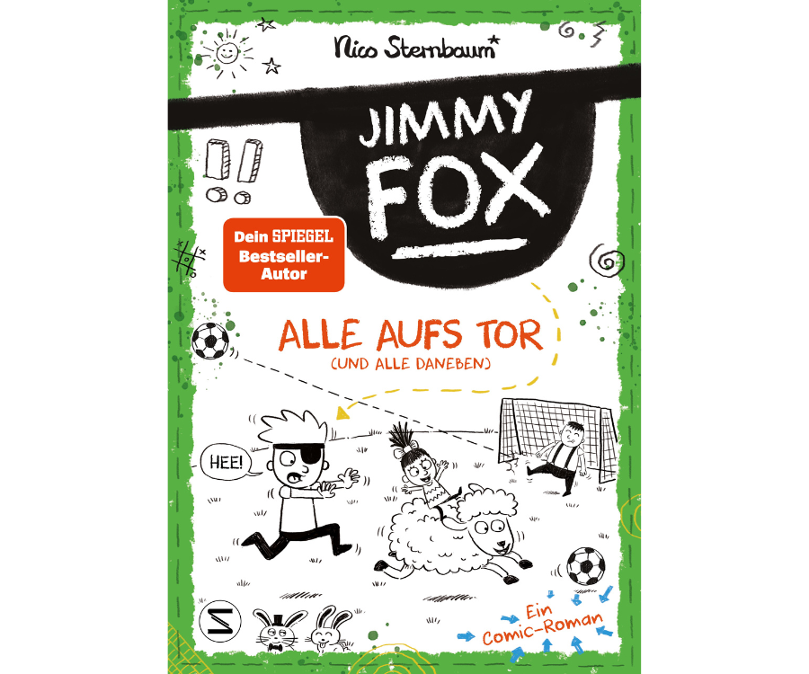 „Jimmy Fox – Alle aufs Tor“: Buchcover im Comic-Stil.  Kinder und ein Schaf spielen Fußball.