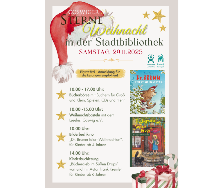 Das Bild zeigt das Plakat der Stadtbibliothek Coswig zur SterneWeihnacht 2025. 