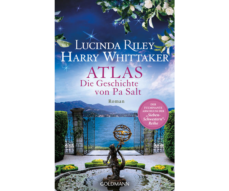 Buchcover von „Atlas – Die Geschichte von Pa Salt“: Ein Garten mit Blick auf den Genfersee, eingerahmt von einem schmiedeeisernen Tor.