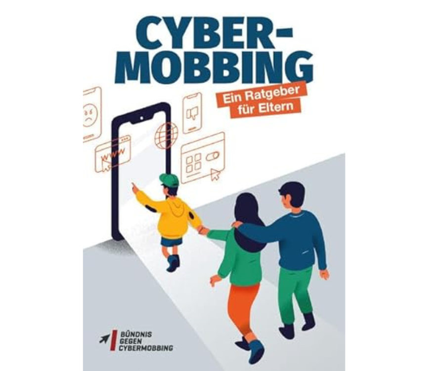 Stilisiertes Cover "Cybermobbing" zeigt ein Kind, das an der Hand seiner Eltern in ein Smartphone hineingeht.