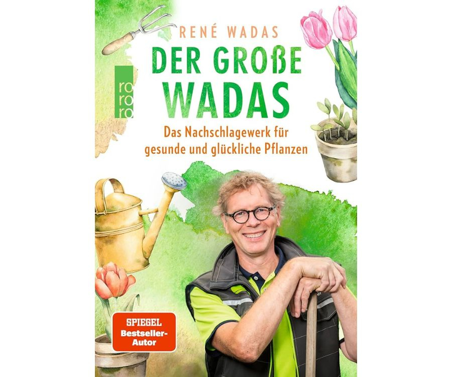 Buchcover "Der große Wadas" zeigt René Wadas, im Hintergrund Aquarellzeichnungen von Garten- und Pflanzenmotiven.