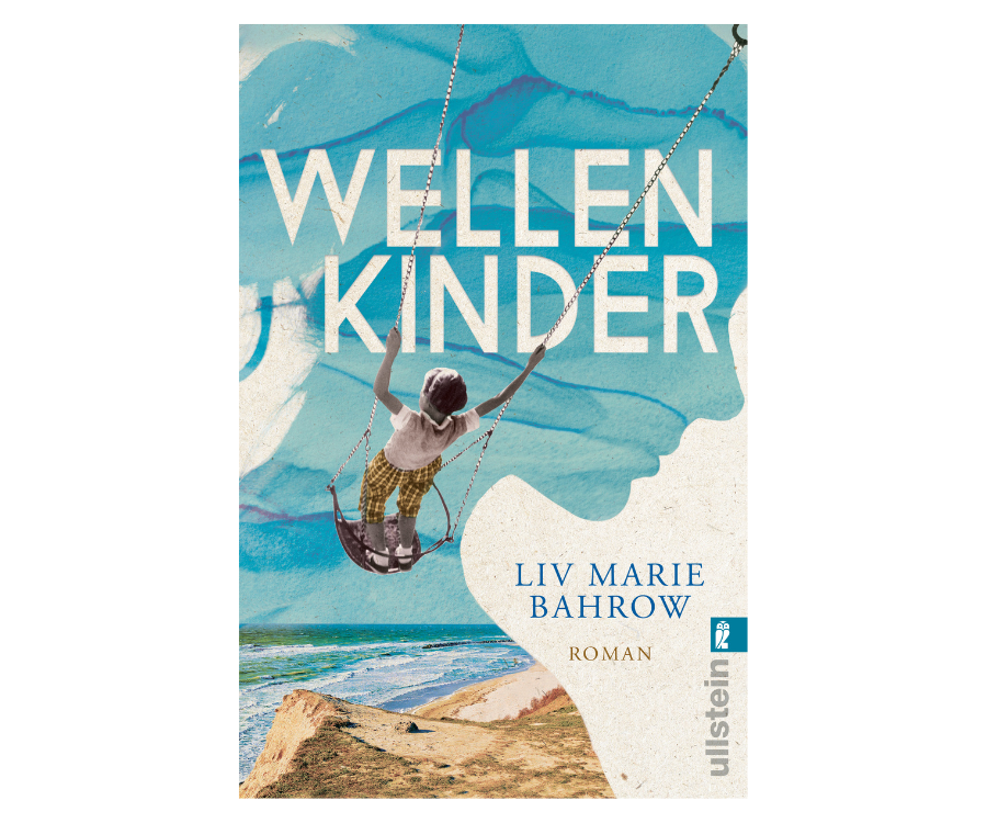 Cover des Romans "Wellenkinder". Kind auf Schaukel, das vor einer großen blauen Silhouette über Strand, Meer und Himmel zu schweben scheint.