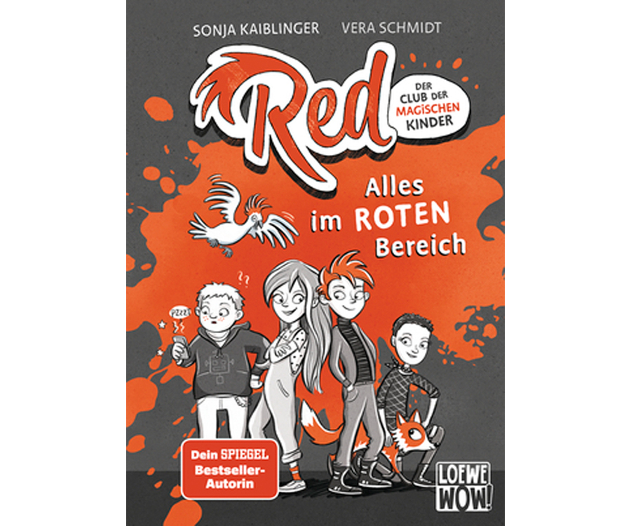 Buchcover „Red – Alles im roten Bereich“ zeigt vier gezeichnete Kinder mit einem Huhn und einem Fuchs vor rotem Hintergrund; stilisiert in Schwarz, Weiß und Rot.