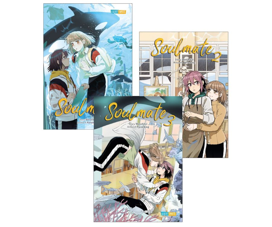 Drei Manga-Cover der Reihe ‚Soulmate‘ zeigen die Hauptfiguren in emotionalen, romantischen Momenten vor ruhigen, dezenten Hintergründen.