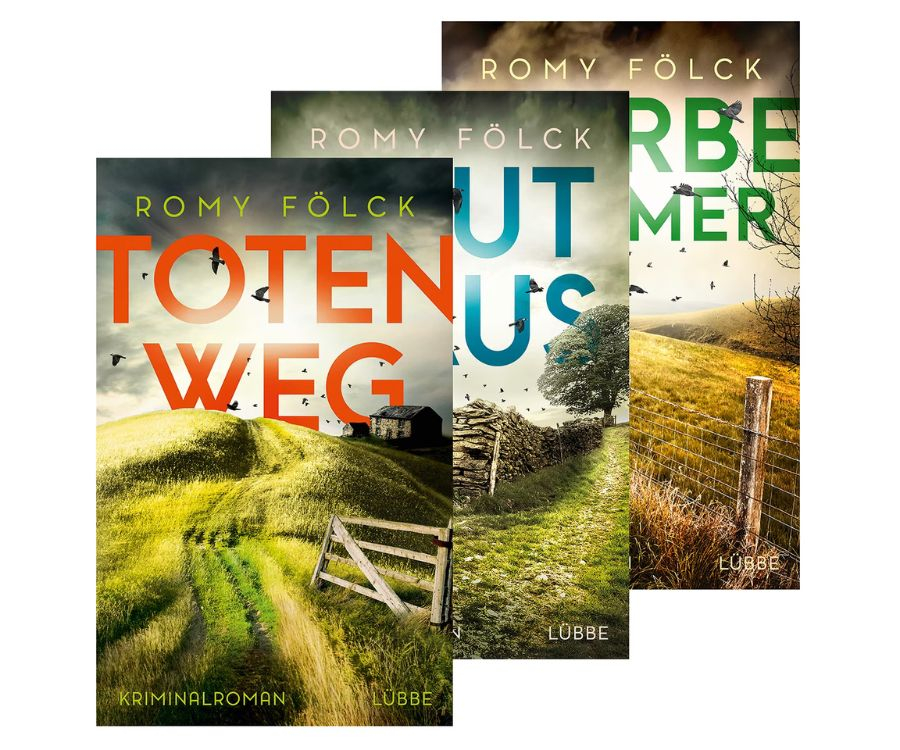 Drei Buchcover der Frida Paulsen-Reihe, die jeweils Weidenlandschaften unter einem dramatisch bewölkten Himmel zeigen.
