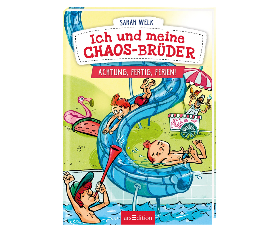 Buchcover "Achtung, fertig, Ferien!". Drei rothaarige Brüder spielen im Freibad. Illustration im Comicstil.